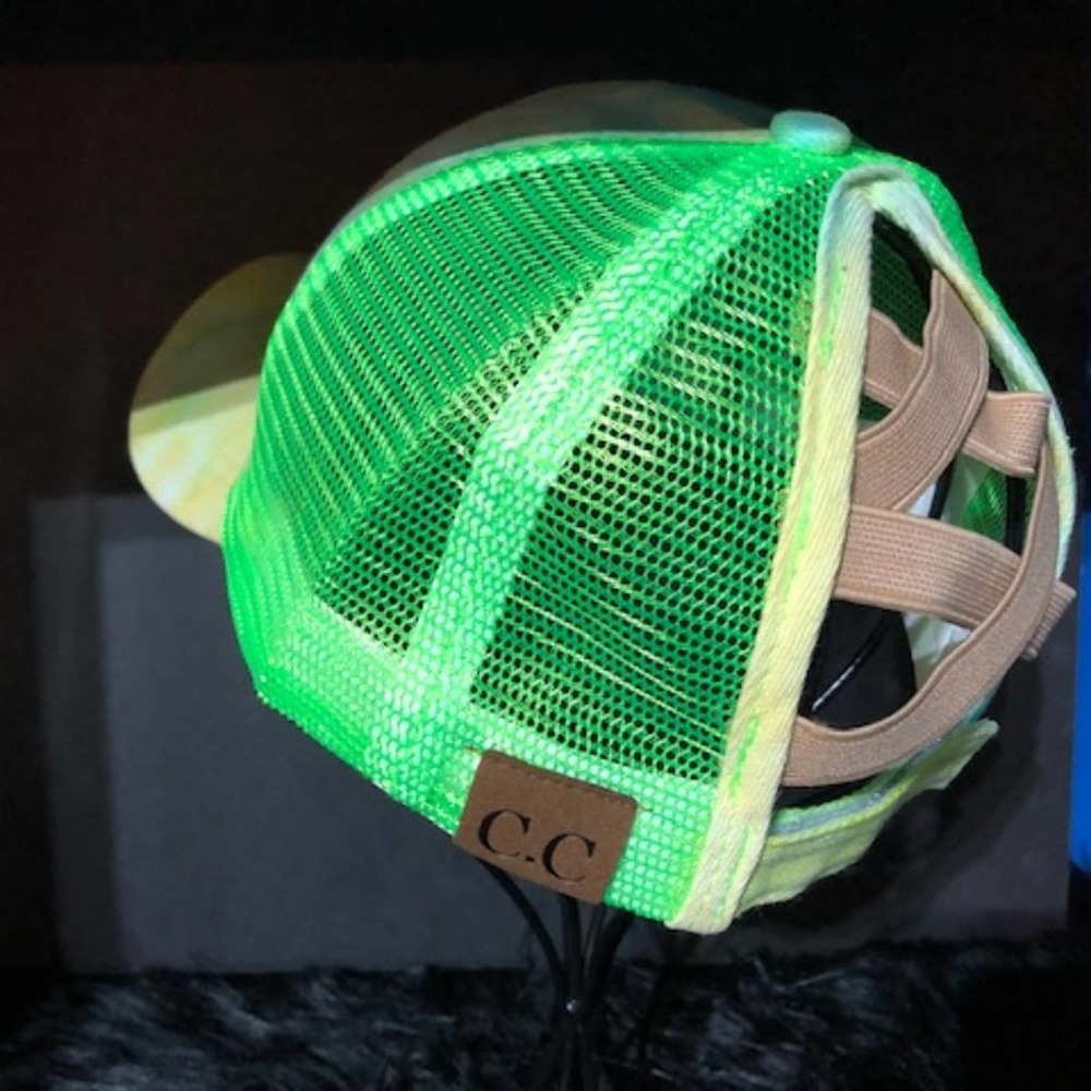 Green/Yellow Tie-Dye Ponytail Messy Bun Baseball Cap NWOT - Picture 3 of 4